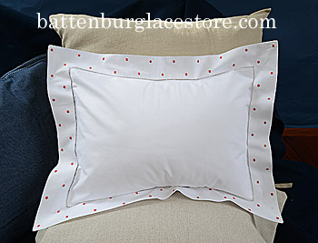 Hemstitch Baby Pillow 12"x16". Vermillionw Orange Polka Dots